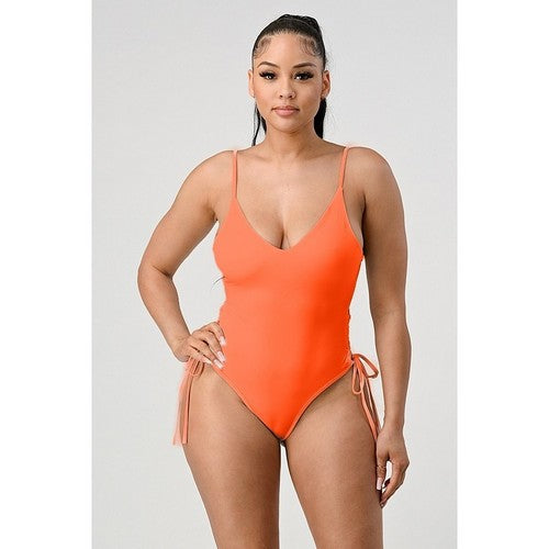 Lace-Up Side Bathing Suit in Neon Orange