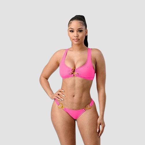 Gold Bamboo Ring Bikini in Neon Pink