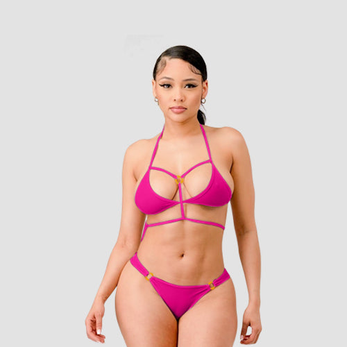 Strappy Ring Detail Bikini in Neon Fuchsia