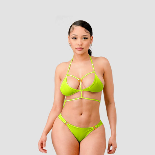 Strappy Ring Detail Bikini in Neon Yellow