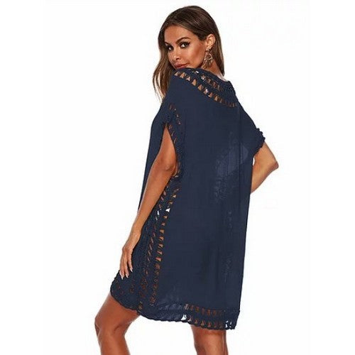 Crochet Trim Linen-Look Cover Up in Navy