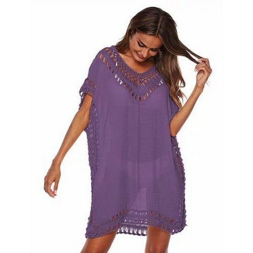 CHD864776-0607-C Crochet Trim Cover Up in Purple
