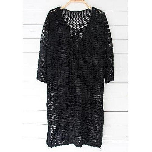 Tie Neck Crochet Cover-Up in Black