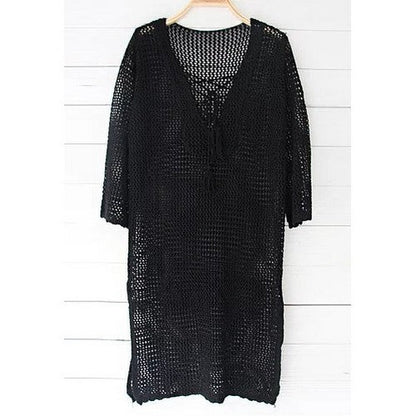 Tie Neck Crochet Cover-Up in Black