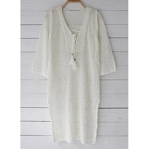 Tie Neck Crochet Cover-Up in Ivory