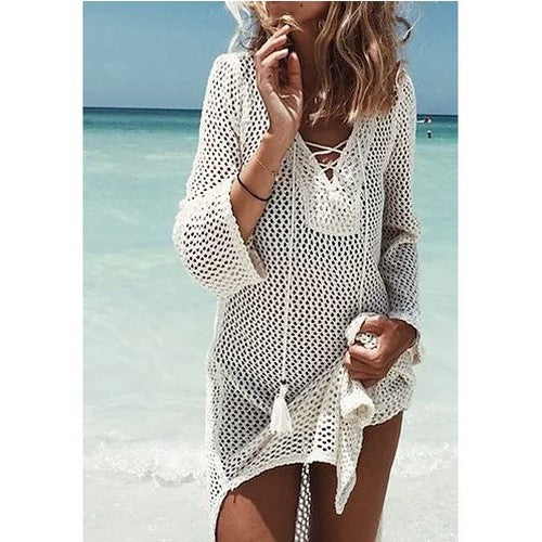CHD050132-0317-C Tie Neck Crochet Cover-Up in Ivory