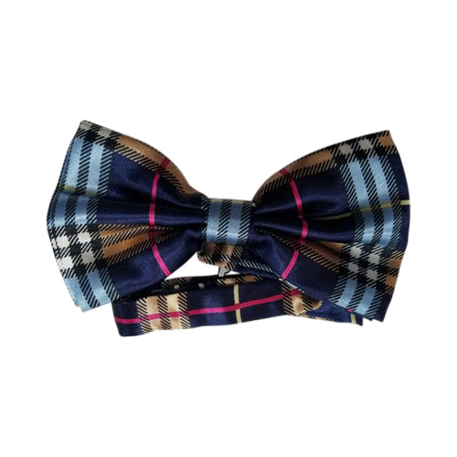 Satin Banded Bow Tie in Navy Plaid