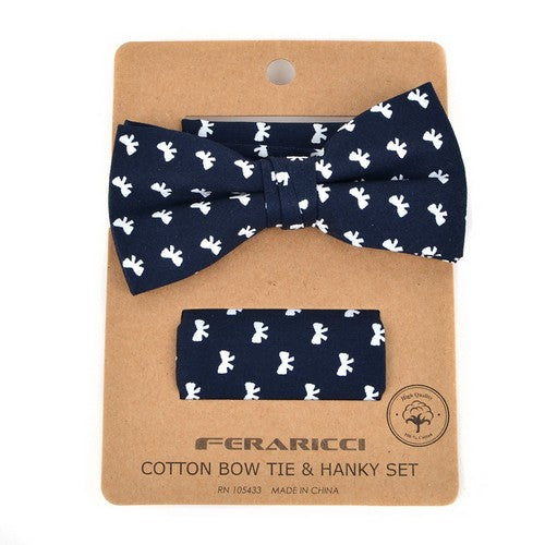 CTBH1736 Feraricci Men's Petite Bows Cotton Bow Print Tie & Hanky Set Navy
