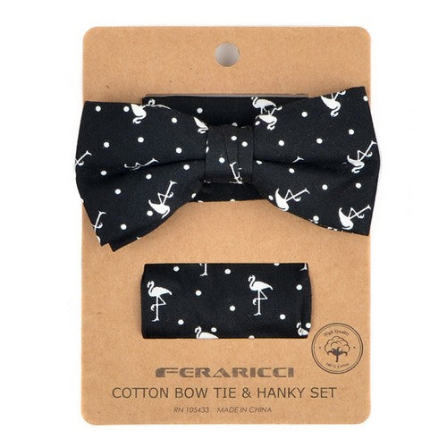 CTBH1734 Feraricci Flamingo Print Cotton Bow Tie & Hanky Set Black