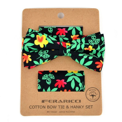 CTBH1738-3 Feraricci Men's Bright Floral Cotton Bow Tie & Hanky Set Black