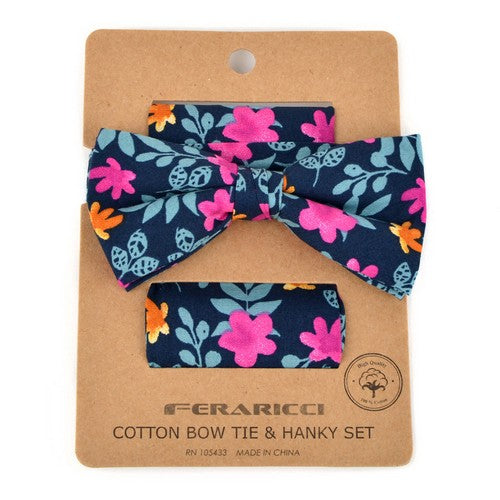 CTBH1738-3 Feraricci Men's Bright Floral Cotton Bow Tie & Hanky Set Navy