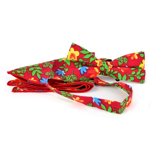 CTBH1738-3 Feraricci Men's Bright Floral Cotton Bow Tie & Hanky Set Red
