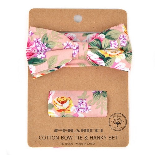 CTBH1741 Feraricci Cotton Bow Tie & Pocket Square Handkerchief Set Floral Pink