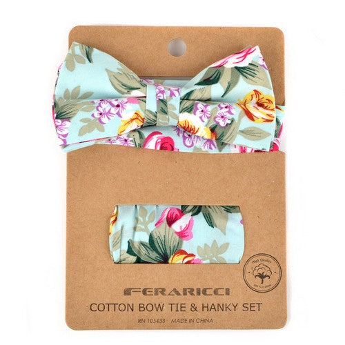 CTBH1741 Feraricci Cotton Bow Tie & Pocket Square Handkerchief Set Floral Sky Blue