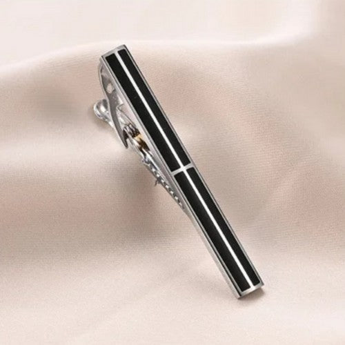 Enamel Oblong Tie Pin Clip Silver/Black