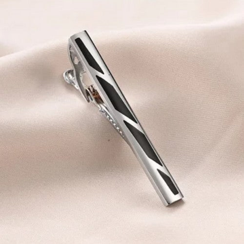 Enamel Stripe Tie Pin Clip Black/Silver
