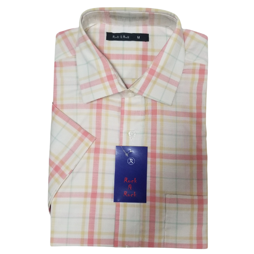 Rock & Rock Shirt Short Sleeve Plaid Ivory/ Pink/ Yellow