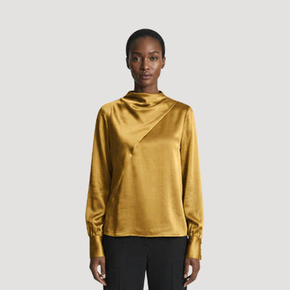 River Island Satin Fold-Over Blouse in Gold 