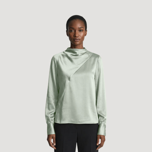 River Island Satin Fold-Over Blouse in Olive 