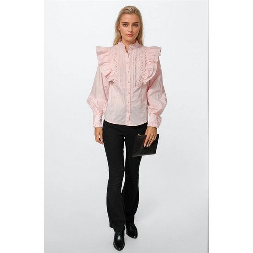 River Island Ruffle Broderie Puff Sleeve Blouse in Pink