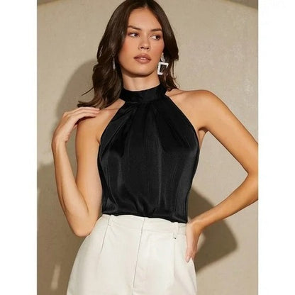 Satin Tie Neck Halter Blouse in Black