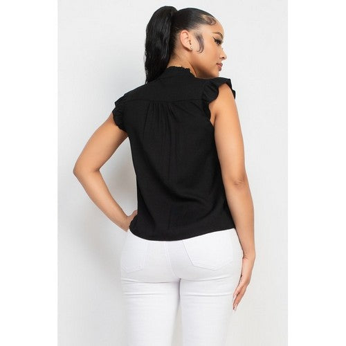 Ruffled Mock Neck Button Down Blouse in Black