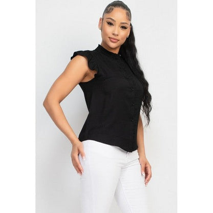 Ruffled Mock Neck Button Down Blouse in Black