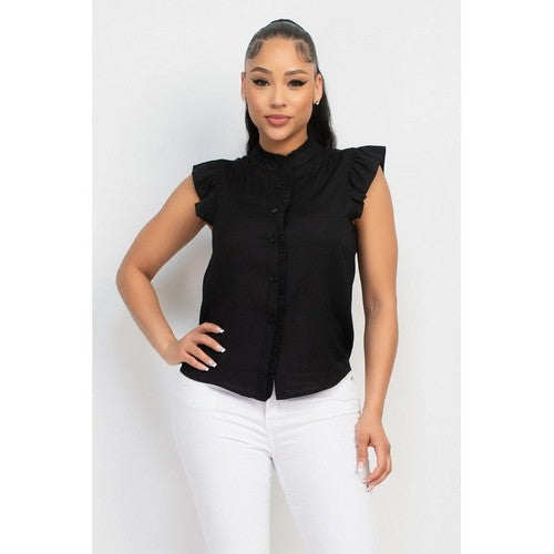 BT03624A Ruffled Mock Neck Button Down Blouse in Black