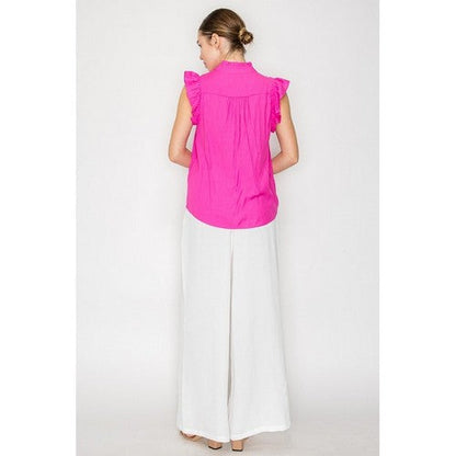 Ruffled Mock Neck Button Down Blouse in Fuchsia