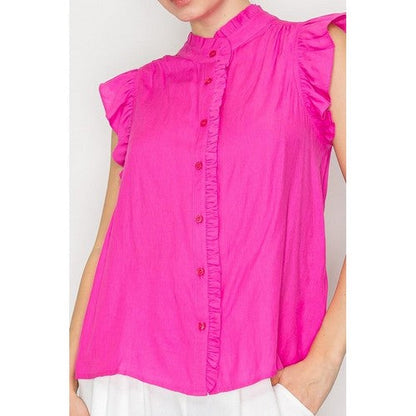 Ruffled Mock Neck Button Down Blouse in Fuchsia