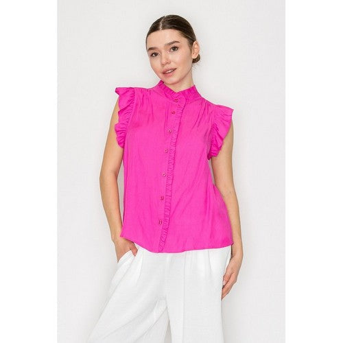 Ruffled Mock Neck Button Down Blouse in Fuchsia