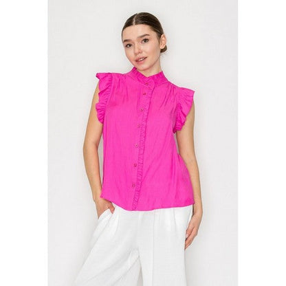 Ruffled Mock Neck Button Down Blouse in Fuchsia