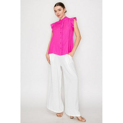 Ruffled Mock Neck Button Down Blouse in Fuchsia