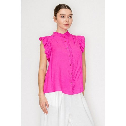 BT03624A Ruffled Mock Neck Button Down Blouse in Fuchsia