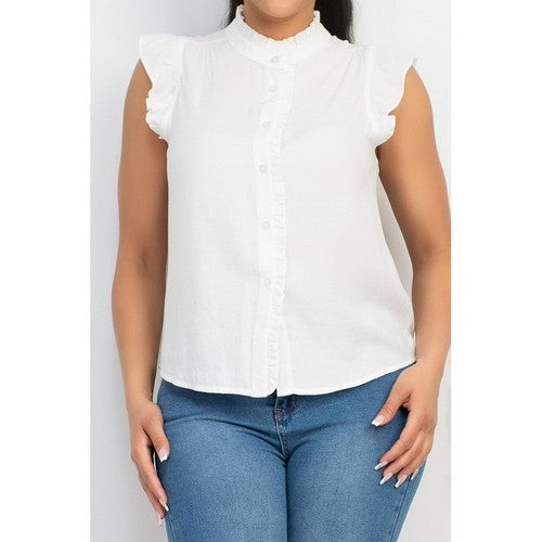 BT03624A Ruffled Mock Neck Button Down Blouse in Off White