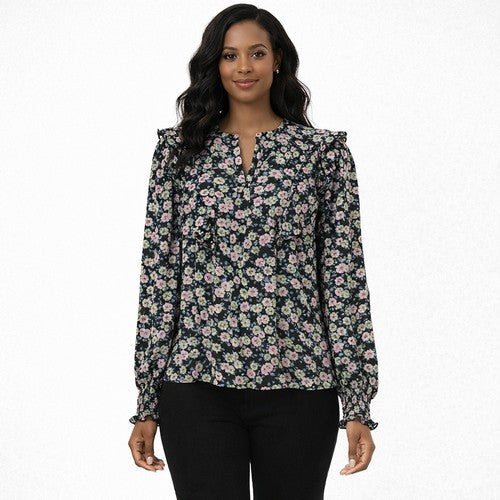 George Ruffle Chiffon Rose Print Blouse in Black & Pink