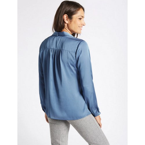 Marks & Spencer CLASSIC Satin Notch Neck Long Sleeve Shirt Blue