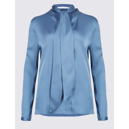 Marks & Spencer CLASSIC Satin Notch Neck Long Sleeve Shirt Blue