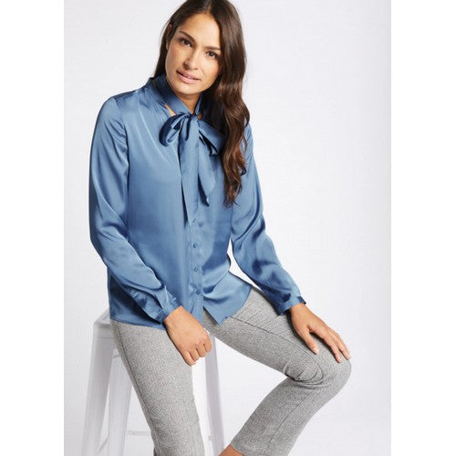 Marks & Spencer CLASSIC Satin Notch Neck Long Sleeve Shirt Blue