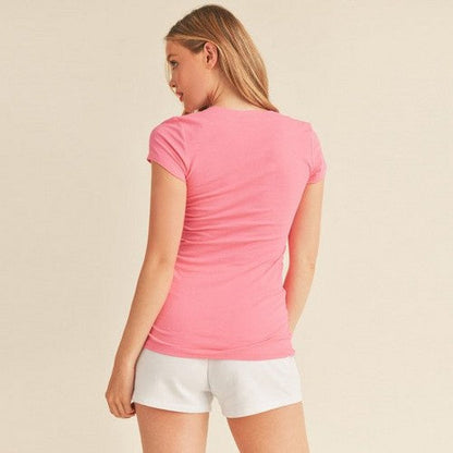 V-Neck Short Sleeve T-Shirt in Flamingo