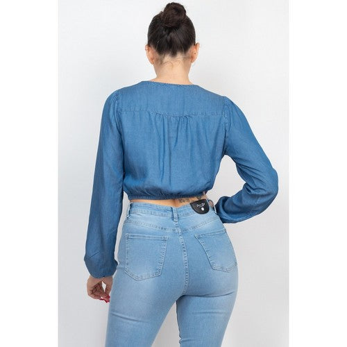 Twist Front Surplice Top in Medium Denim