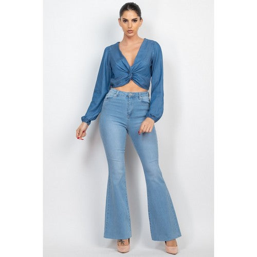 Twist Front Surplice Top in Medium Denim