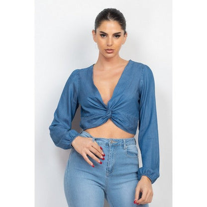 BT02956-L Twist Front Long Sleeve Denim Top in Medium Denim
