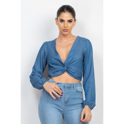 BT02956-L Twist Front Long Sleeve Denim Top in Medium Denim