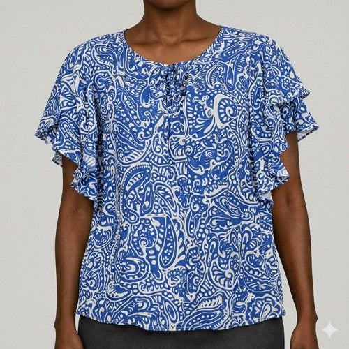 ACSSHELL TOP Wallis Tall Ruffle Sleeve Blouse in Royal Blue & White