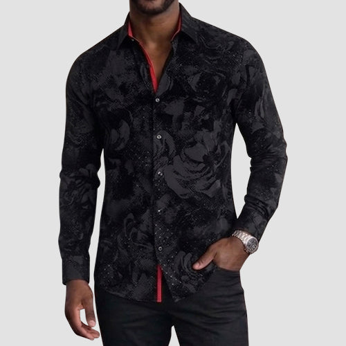 VIP Collection Slim Fit Long Sleeve Flock Print Shirt in Black Rose