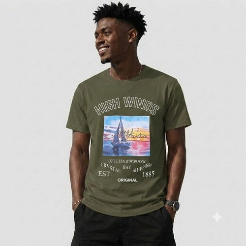 14-1352 High Winds/Sailing Boat Nominal Printed Jersey in Moss Green