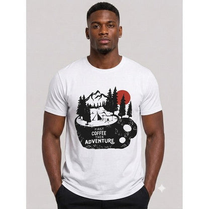 C102-1835 First Coffee Then Adventure Printed T-Shirt in White