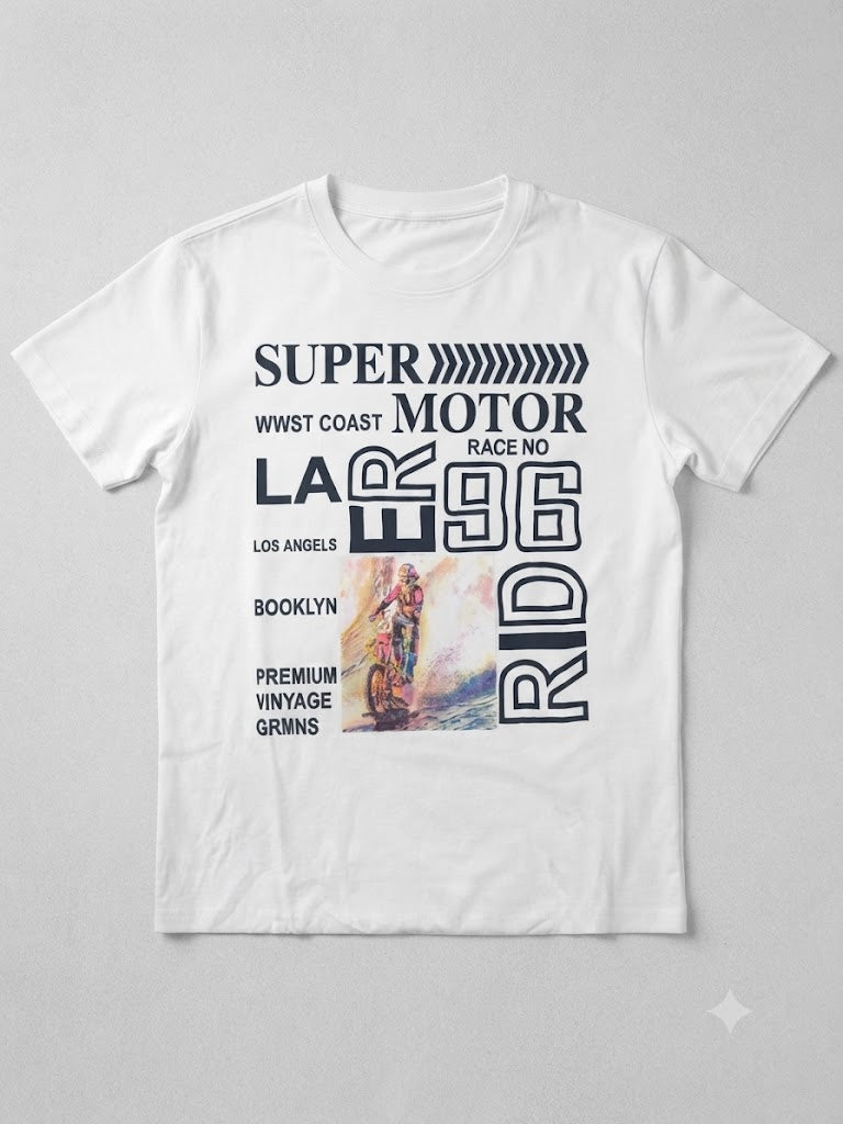 [VAT-FREE PRICE SLASH]Super Motor / Motorbike Ostin Printed T-Shirt in White [FINAL SALE. NO RETURN. NO EXCHANGE. NO REFUND]