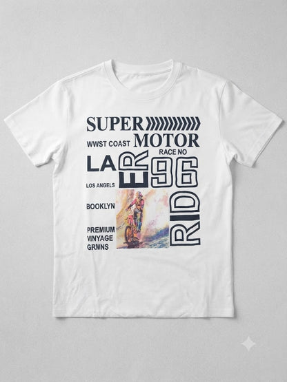 [VAT-FREE PRICE SLASH]Super Motor / Motorbike Ostin Printed T-Shirt in White [FINAL SALE. NO RETURN. NO EXCHANGE. NO REFUND]